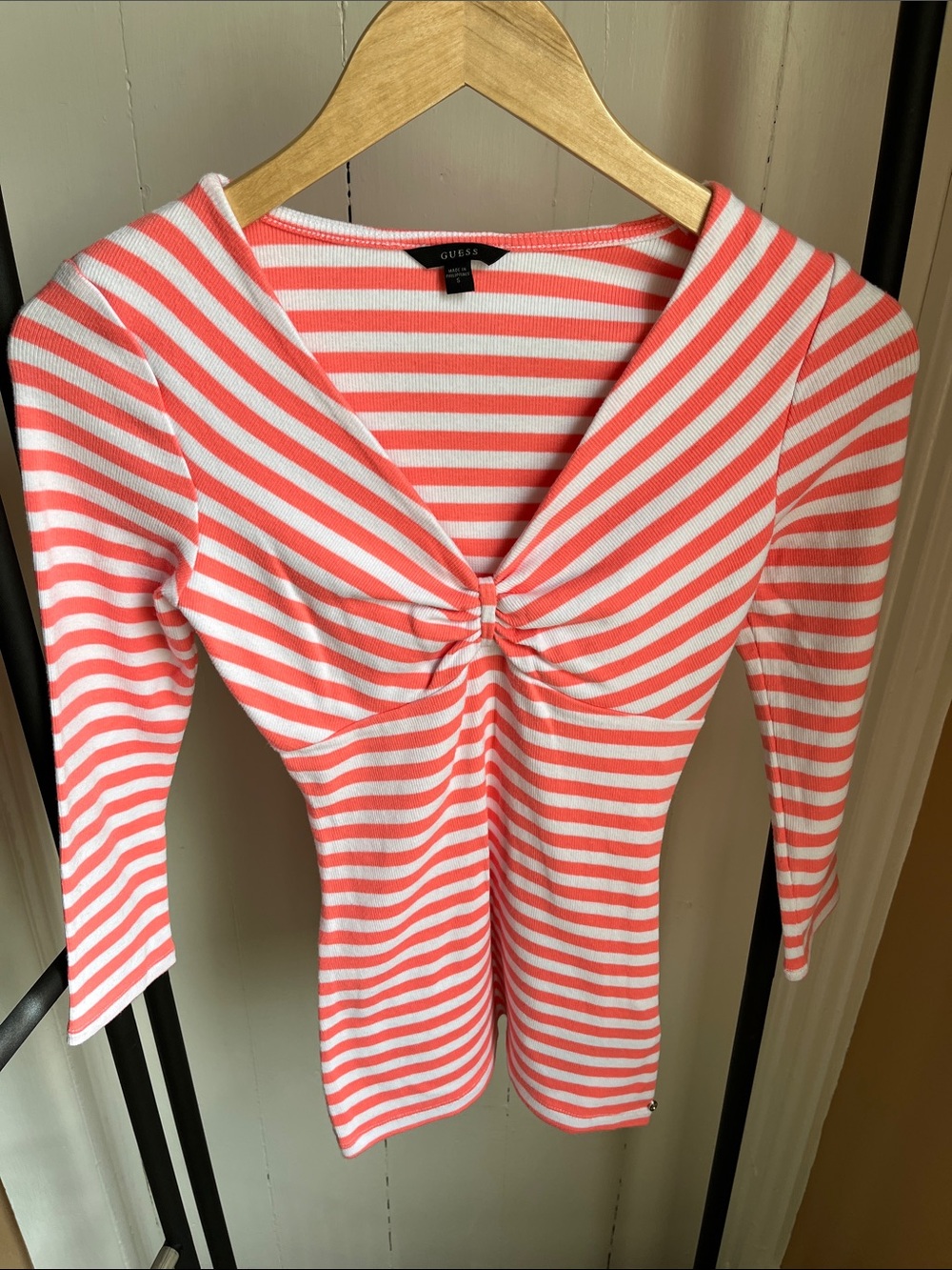 Guess Coral and White Striped 3/4 Sleeve Top